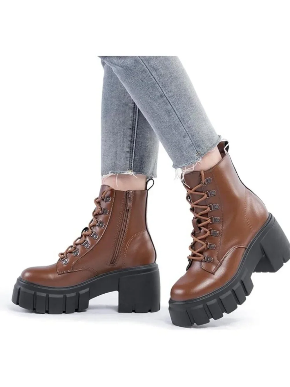 Women’s Brown Lightweight Lace Up Side Zipper High Heel Chunky Combat Boots - Picture 2 of 6